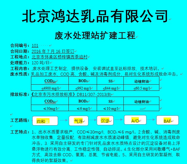 北京鸿达乳品有限公司废水处理站扩建工程